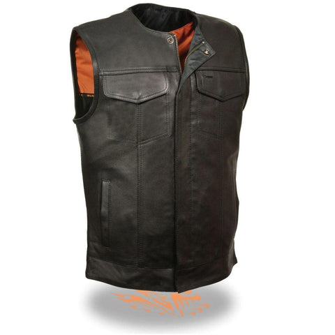 Milwaukee Leather MLM3511 Men's Black Collarless Snap and Zipper Club Leather Vest with Gun Pockets - Milwaukee Leather Mens Leather Vests