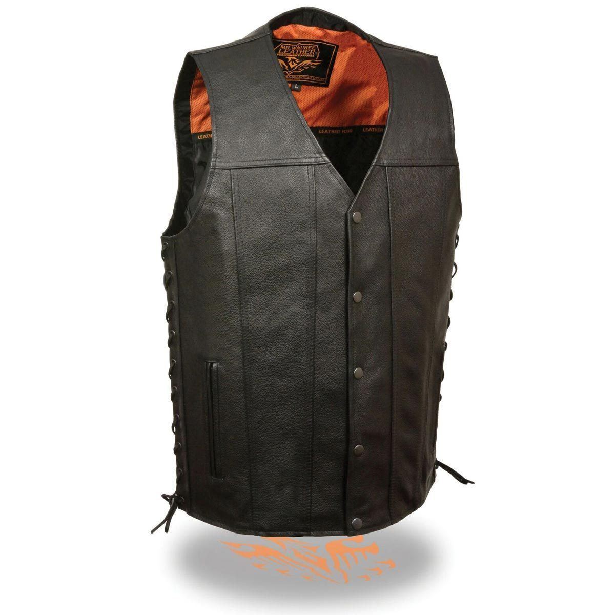 Milwaukee Leather MLM3520 Men's Straight Bottom Side Lace Black Leather Vest with Gun Pockets - Milwaukee Leather Mens Leather Vests