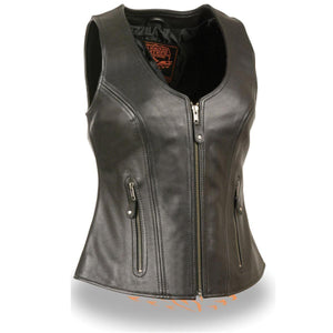 Milwaukee Leather MLL4530 Women's Open Neck Front Zipper Black Leather Vest with Gun Pockets - Milwaukee Leather Womens Leather Vests