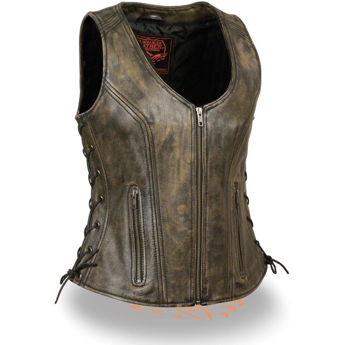 Milwaukee Leather MLL4531 Brown Women's Open Neck Side Lace Front Zipper Leather Vest with Gun Pockets - Milwaukee Leather Womens Leather Vests