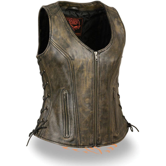 Milwaukee Leather MLL4531 Brown Women's Open Neck Side Lace Front Zipper Leather Vest with Gun Pockets - Milwaukee Leather Womens Leather Vests