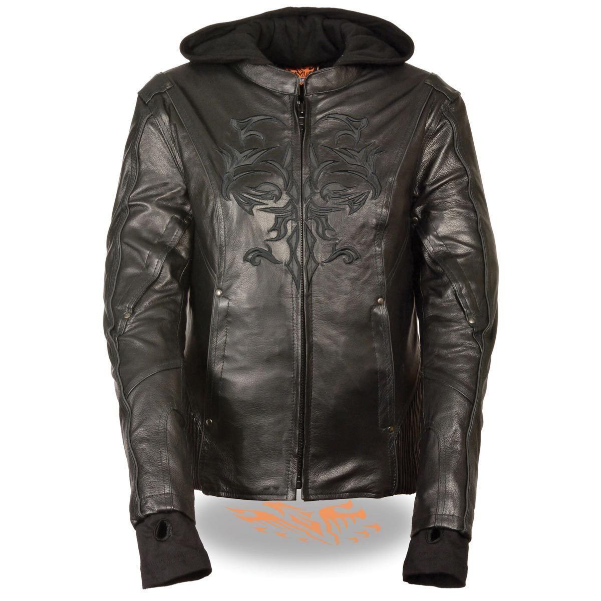 Milwaukee Leather ML2066 Women's 3/4 Black Leather Hoodie Jacket with Reflective Tribal Design - Milwaukee Leather Womens Leather Jackets