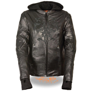 Milwaukee Leather ML2066 Women's 3/4 Black Leather Hoodie Jacket with Reflective Tribal Design - Milwaukee Leather Womens Leather Jackets