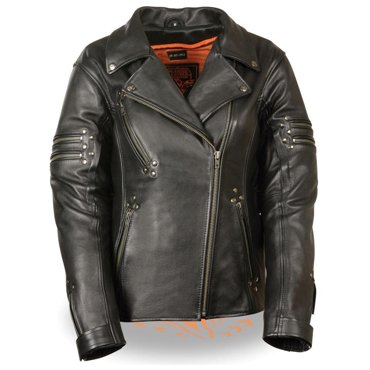 Milwaukee Leather MLL2585  Women's Fitted Belt-less Black Leather Jacket with Rivet Detailing and Gun Pockets - Milwaukee Leather Womens Leather Jackets