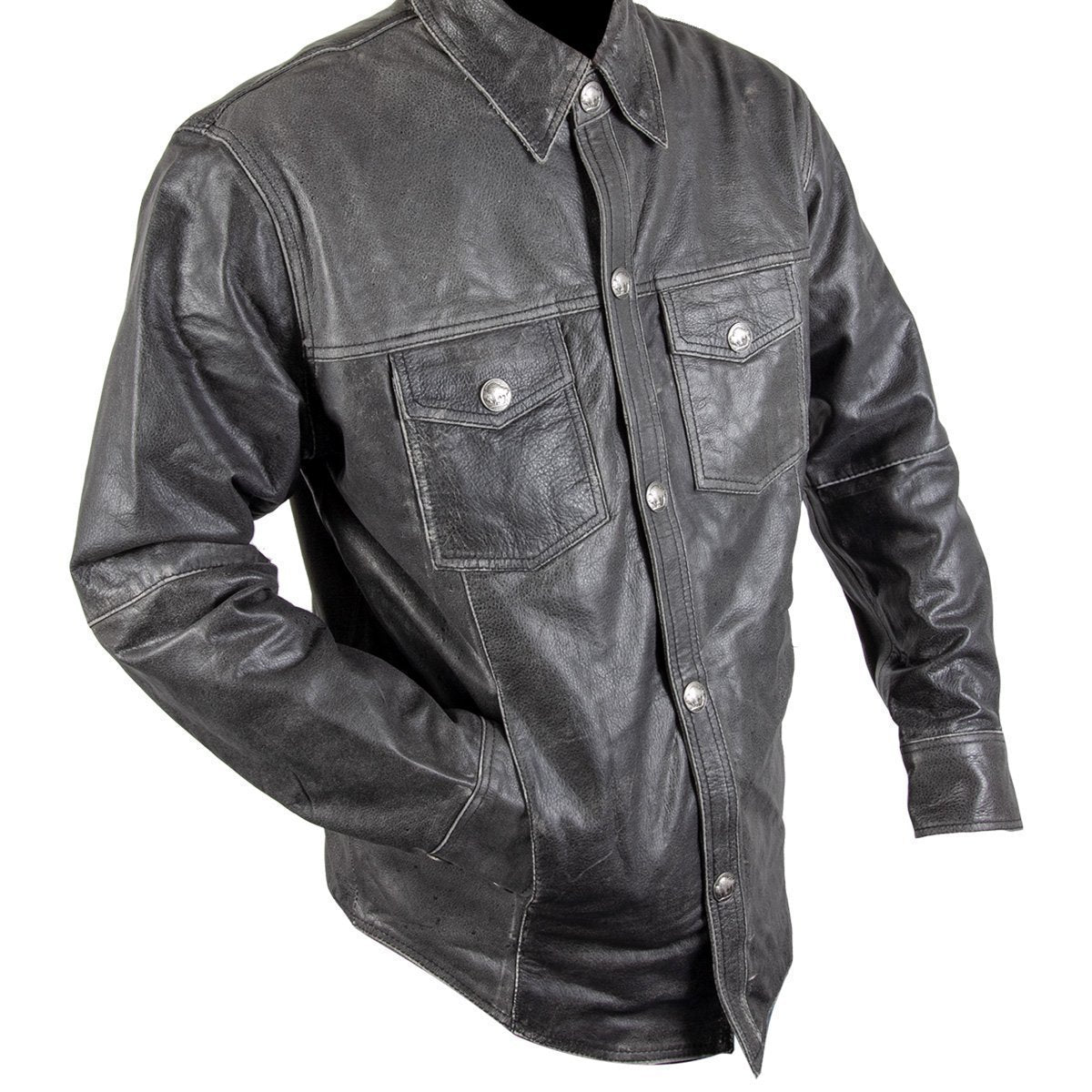 Xelement XS921G Men's 'Nickel' Distress Gray Casual Biker Rider Leather Shirt with Vintage Buffalo Buttons