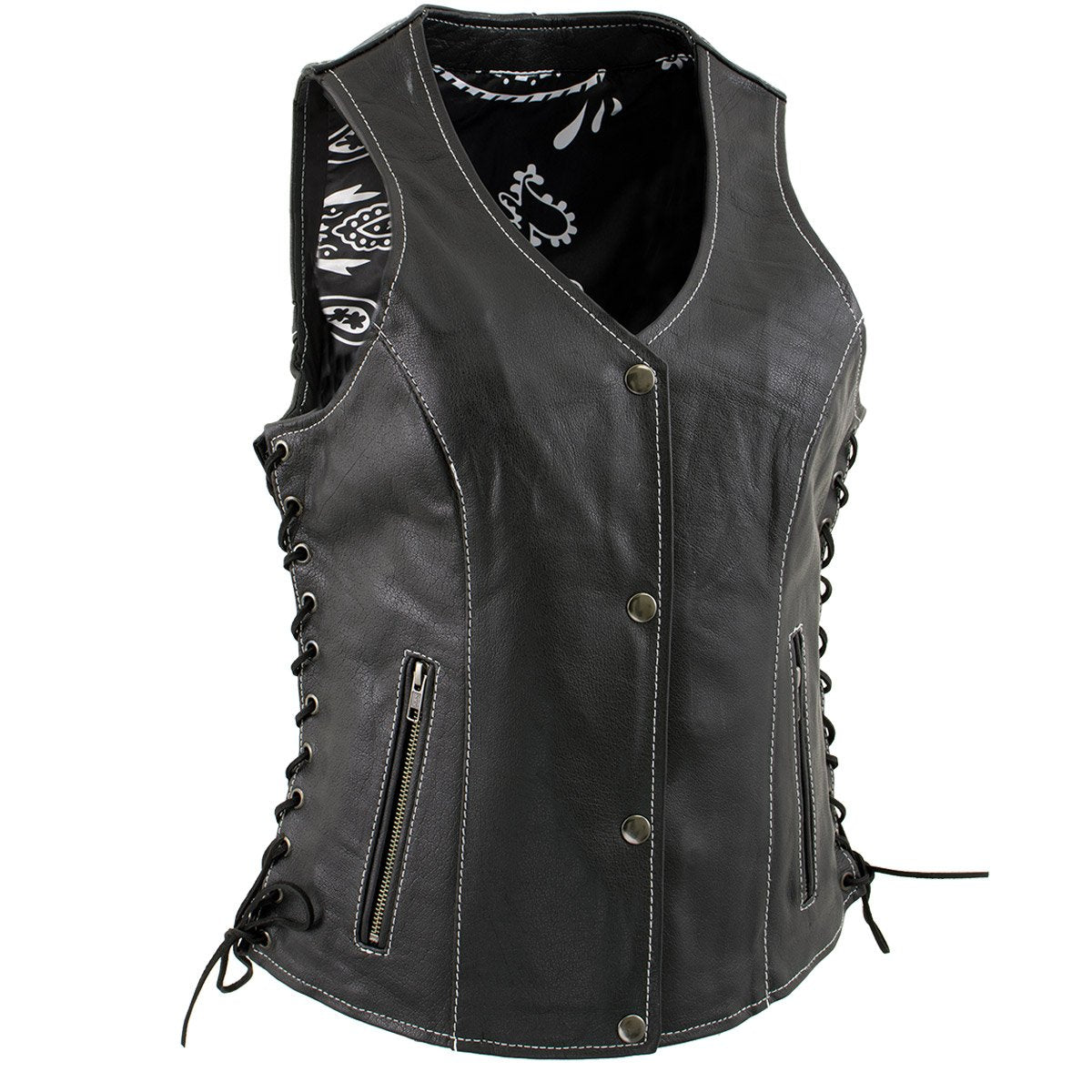 Xelement XS1029 Ladies 'Paisley' Black Leather Vest with Side Lace Adjustment