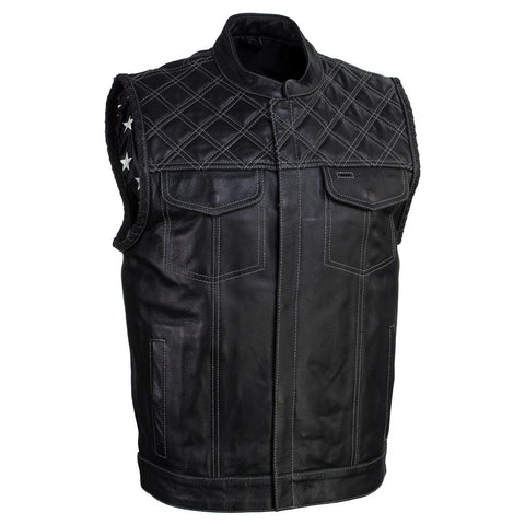 Xelement XS13003 Men's Black 'Stars and Stripes’ Leather Motorcycle Vest with USA Flag Liner