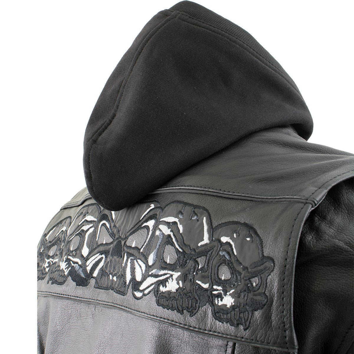 Xelement XS1504 Men's ‘Futile’ Black Armored Moto Jacket with Reflective Skulls and Hoodie