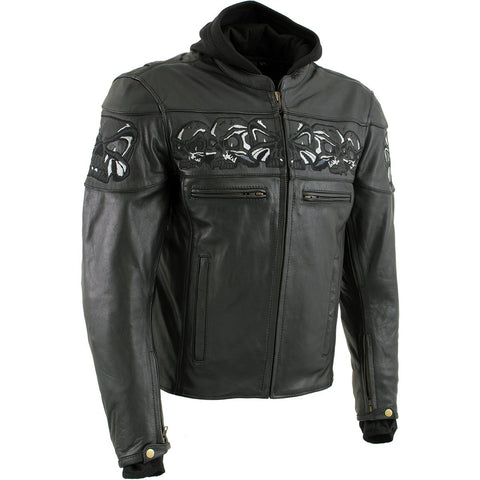 Xelement XS1504 Men's ‘Futile’ Black Armored Moto Jacket with Reflective Skulls and Hoodie