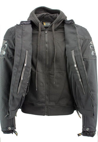 Xelement XS1704 Men’s 'Vengeance' Black Armored Mesh Motorcycle Jacket with Skull Embroidery