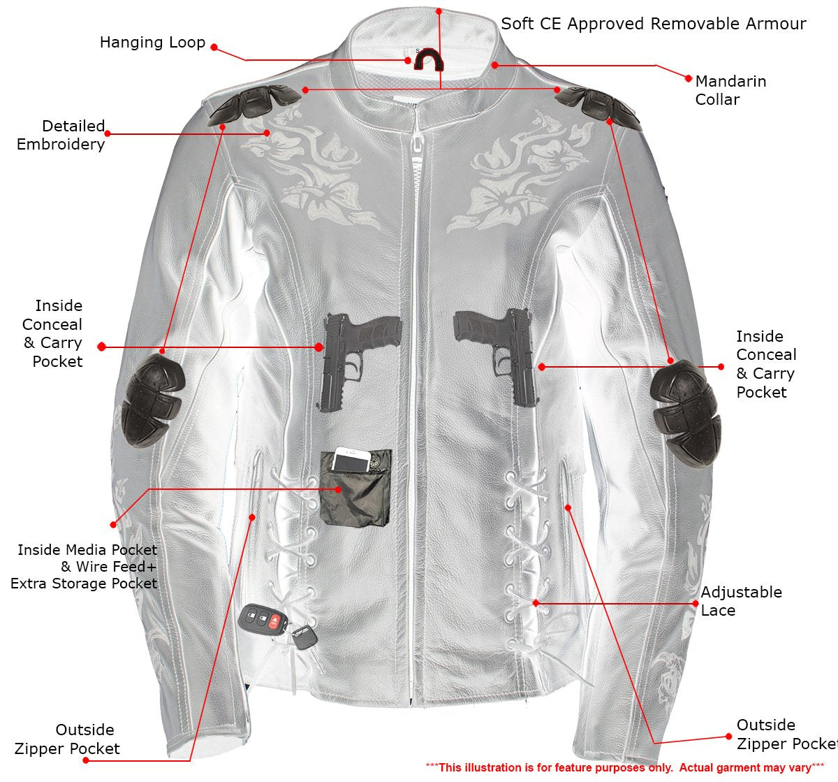 Xelement XS2030 Ladies 'Gemma' Solid Black Leather Embroidered Jacket with X-Armor Protection