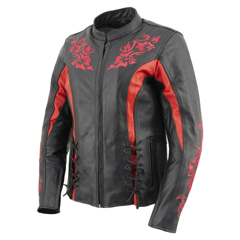 Xelement XS2029 Women's 'Gemma' Biker Black with Red Leather Embroidered Jacket with X-Armor