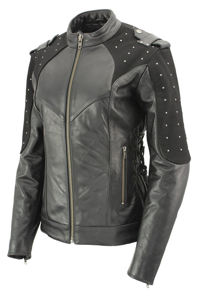 Xelement XS22001 Women's 'Scuba' Black Leather Motorcycle Biker Jacket with Reflective Wings and Studs