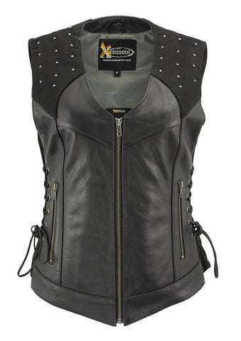 Xelement XS24001 Ladies ‘Winged’ Black Studded Leather Vest with Side Laces and Reflective Wings