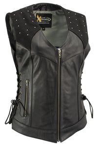 Xelement XS24001 Ladies ‘Winged’ Black Studded Leather Vest with Side Laces and Reflective Wings