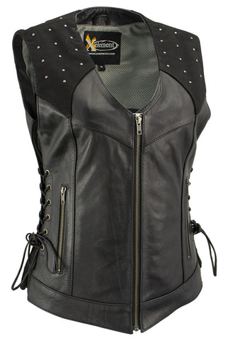 Xelement XS24001 Ladies ‘Winged’ Black Studded Leather Vest with Side Laces and Reflective Wings