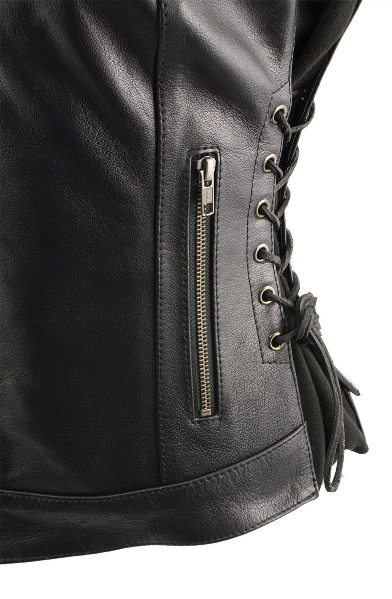 Xelement XS24001 Ladies ‘Winged’ Black Studded Leather Vest with Side Laces and Reflective Wings