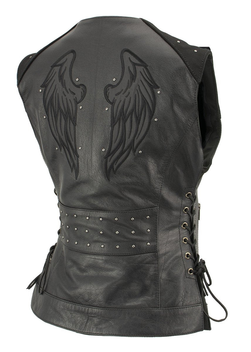 Xelement XS24001 Ladies ‘Winged’ Black Studded Leather Vest with Side Laces and Reflective Wings