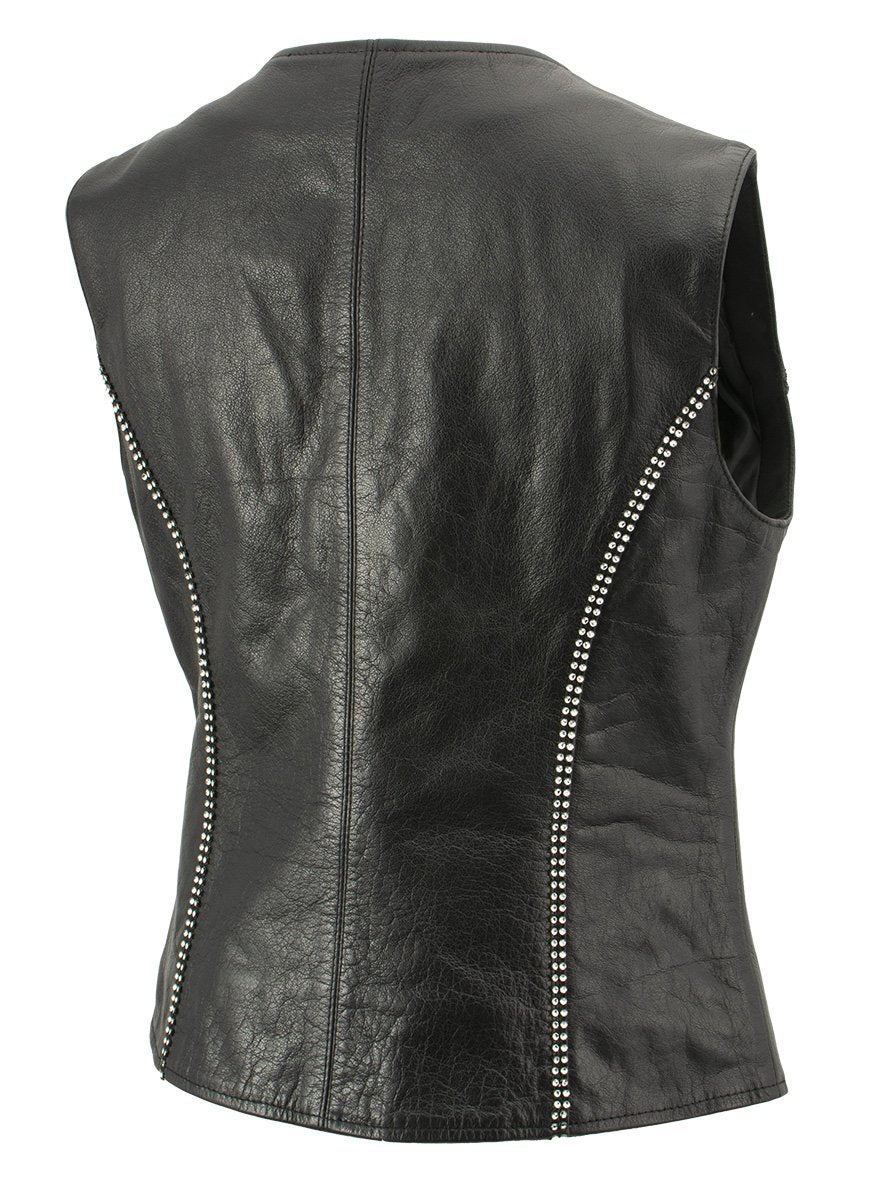 Xelement XS24002 Women's 'Bling' Black Leather V-Neck Motorcycle Rider Vest with Rhinestone Bling Detail