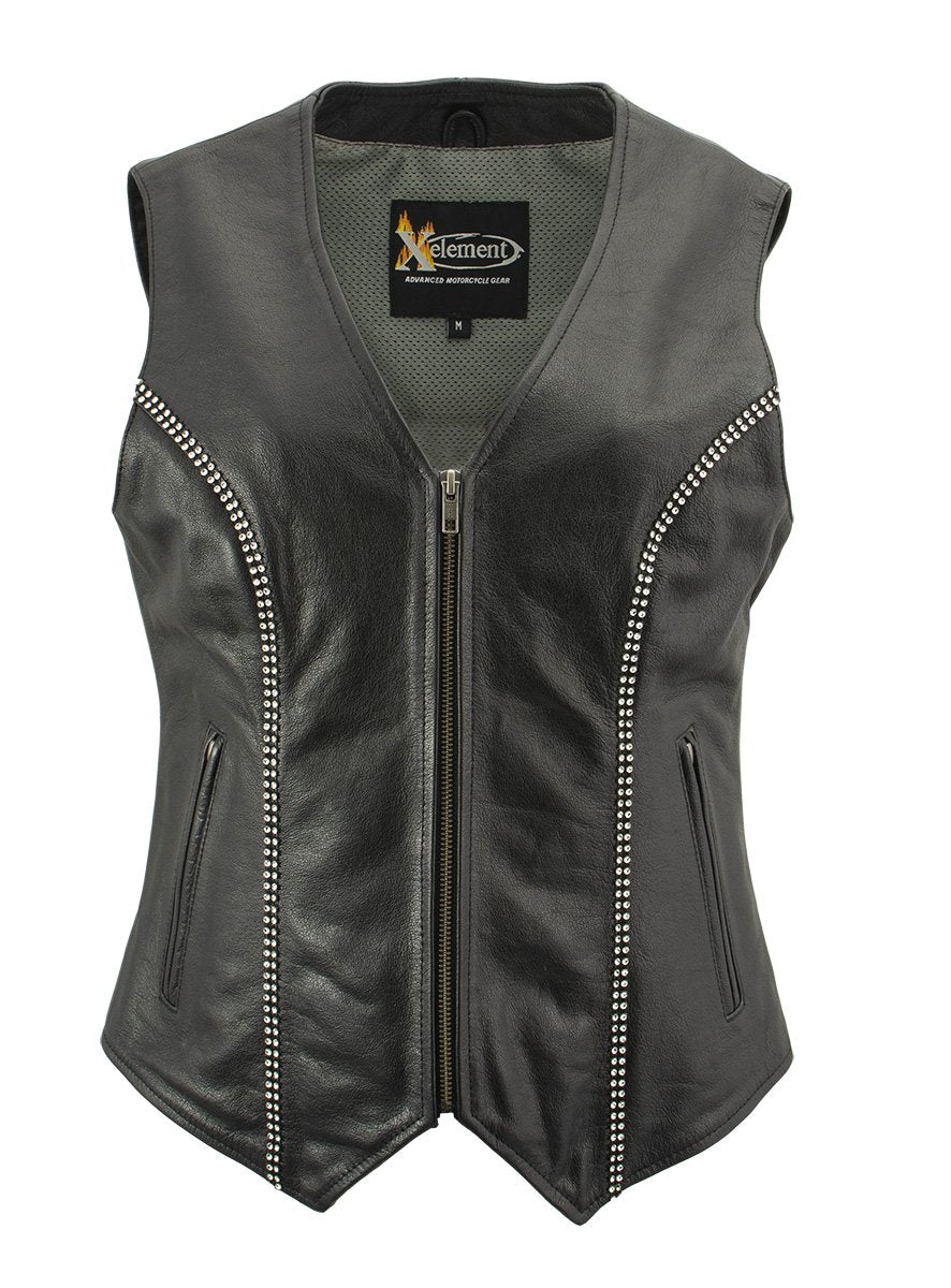 Xelement XS24002 Women's 'Bling' Black Leather V-Neck Motorcycle Rider Vest with Rhinestone Bling Detail
