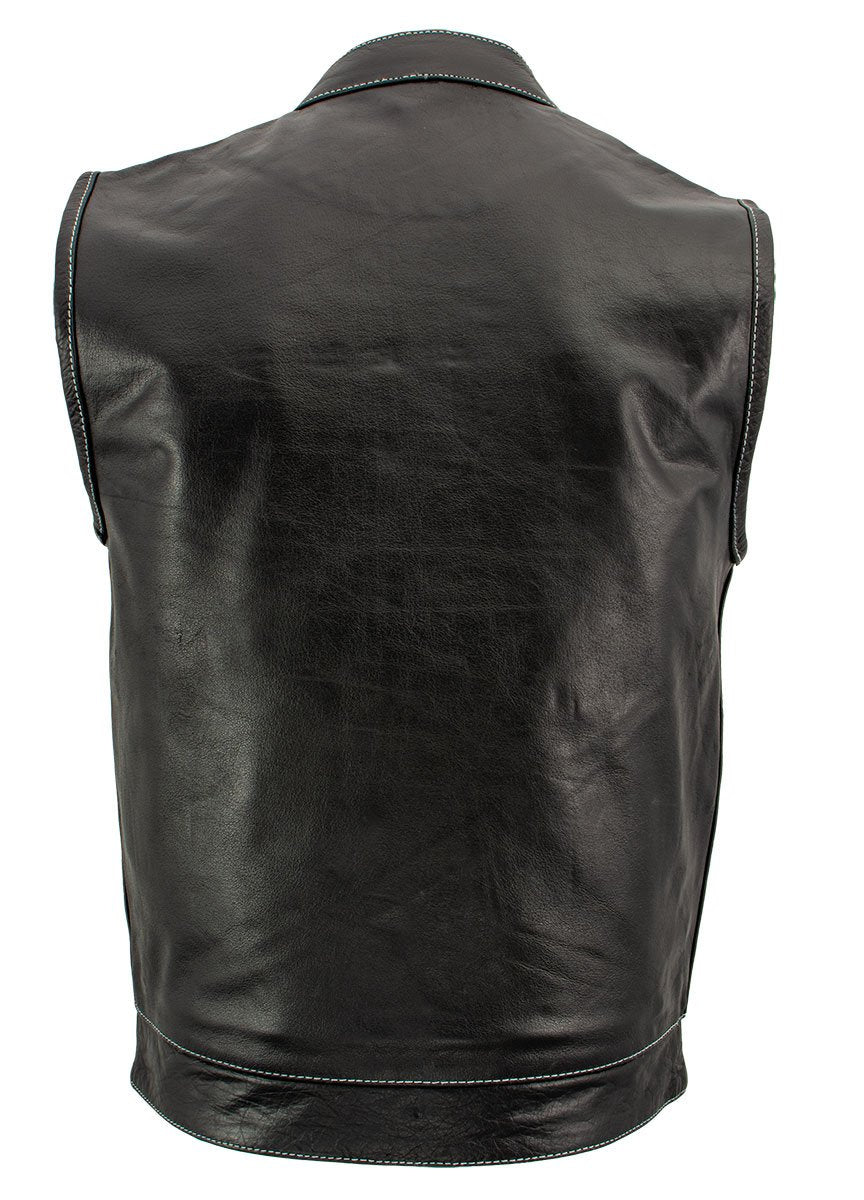 Xelement XS3450 Men's Black 'Paisley' Leather Motorcycle Biker Rider Vest with White Stitching