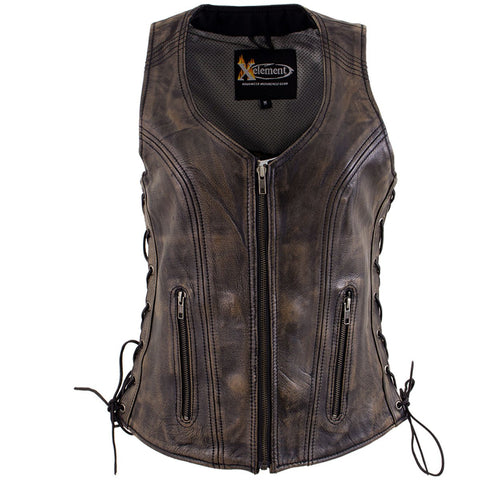 Xelement XS3900 Ladies 'Bella' Distress Brown Leather Vest with Side Laces