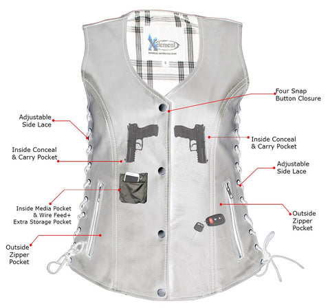 Xelement XS4505 Women's Black ‘Flannel’ Motorcycle Biker Rider Leather Vest with Snap Button Closure